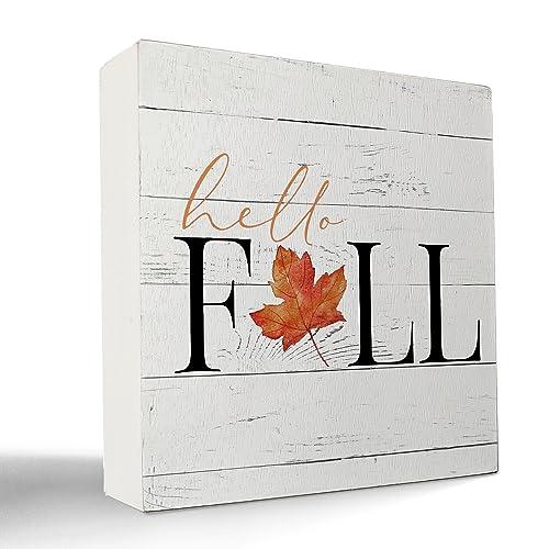 kunlisa Fall Signs,Fall Maple Leaf Wood Box Sign Desk Decor,Rustic Fall Wood Block Plaque Box Sign for Home Farmhouse Shelf Table Decor 5x5 Inch (White)