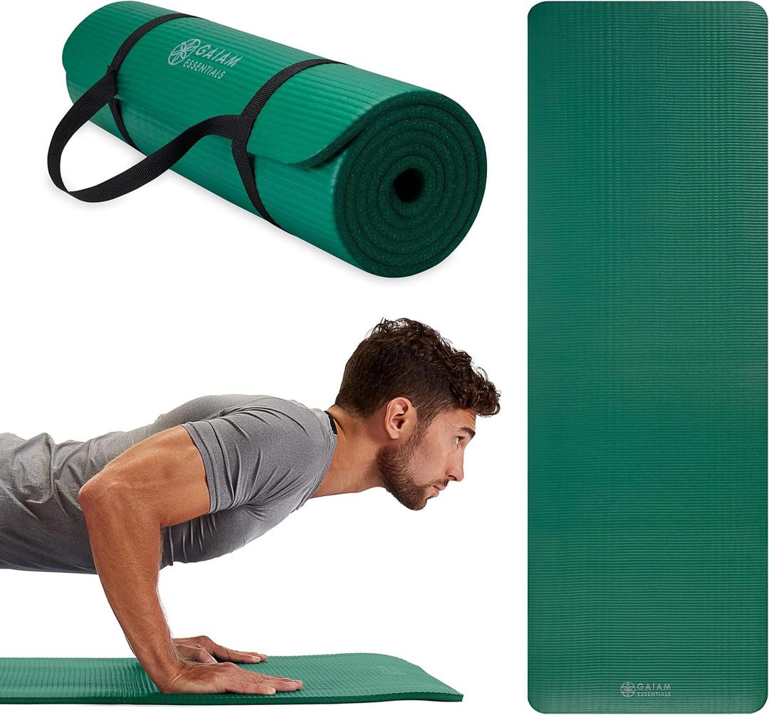 Gaiam Essentials Thick 2/5" (10mm) and Thin 1/4" (6mm) Yoga & Pilates, Fitness & Exercise Mat with Easy-Cinch Carrier Strap (Green)