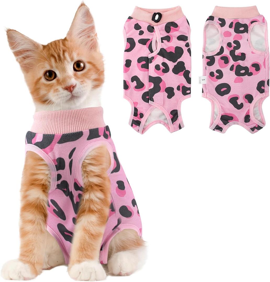 Coppthinktu Cat Recovery Suit Female, Breathable Cat Onesie After Surgery Female for Abdominal Wounds or Skin Diseases, Surgery Recovery Suit Kitten Surgical Onesie After Spay Wear Anti Licking (Small, Leopard Pink)
