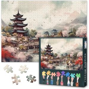 Pagoda and Cherry Blossoms Puzzles 1000 Pieces for Adults Beautiful Landscape Puzzle for Adults Home Decor Scenery and Landscape Painting Jigsaw Puzzles as Gifts for Family Friends 27.5"X19.7"