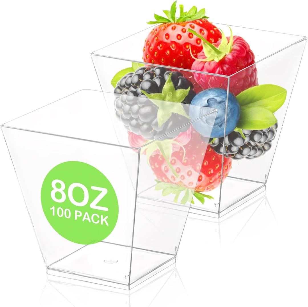 100 Pack 8 Oz Square Plastic Dessert Cups Clear Parfait Appetizer Cups for Ice Cream Fruit Puddings Desserts Appetizers Wedding Party Catering Supplies