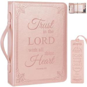 Extra Large Bible Cover Case for Men Women, Mens Bible Covers Cases Leather Bible Cover Carrying Case for Women Men with Handle Zippered Bible Book Cover Holder Bag Case(Rose Gold, XL)