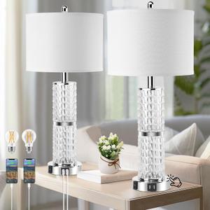 3-Way Touch Control Crystal Table Lamps Set of 2, Silver Modern Bedside Lamp with 2 USB Ports & AC Outlets for Living Room, 26' Tall Desk Lamps with White Drum Shade for Bedroom, 2 Free Bulbs Included, Modern Crytal