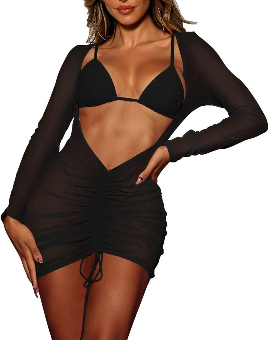 Kisscynest Women's Sexy Swimsuit Coverup Mesh Drawstring Bikini Beach Cover Up Mini Swim Dress (Medium, Black)