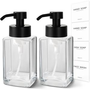 Foaming Soap Dispenser, 12oz/350ml Glass Foaming Hand Soap Dispenser Set, 2Pcs Refillable Foam Soap Dispenser With Foaming Pump, Labels, Square Foam Soap Hand Dispenser For Bathroom, Kitchen (Clear)