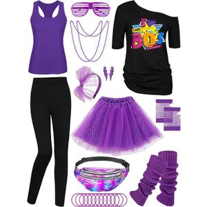 AOTHSO 24 Pieces Halloween Women 80s Costume Accessories Set 80s Cosplay T-Shirt Tutu Pants Racerback Top Fanny Pack Gloves (XX-Large, Black+purple)