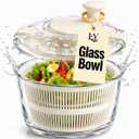 Large 5.2 Qt Glass Salad Spinner Vegetable Dryer with Drain Microwave Safe Dishwasher Safe with Transparent Lid Crank Handle Quick Spin Greens Washer for Lettuce Herbs Fruits (off-white)