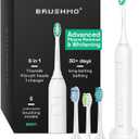 Brushmo Super Sonic Electric Toothbrush with 4 Replacement Heads - Rechargeable Electronic Tooth Brush for Adults with 5 Customizable Modes - IPX7 Waterproof & Long-Lasting Battery - White (4 Count (Pack of 1))