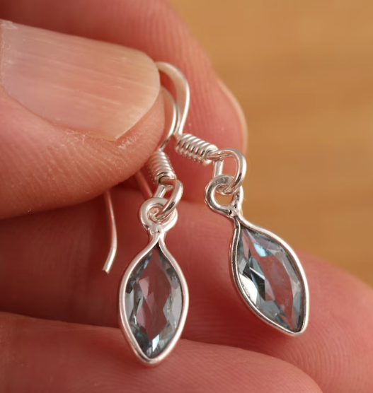 Natural Blue Topaz 925 Sterling Silver Dainty Dangle Drop Earrings Gift Boxed