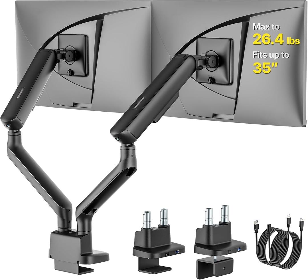 monTEK Mechanical Spring Dual Monitor Arm with USB for 27 32 34inch Screens | Black, Built-in One-Way Bearing, Holds 26.4 lbs, VESA 75/100mm, C-Clamp/Grommet Base & Cable Management, Office, Home, Game