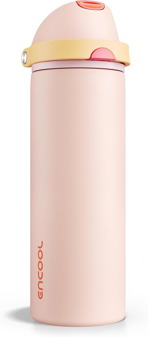 Insulated Water Bottle with Straw - Encool Stainless Steel Water Bottle with Push Button Lid, Leak-Proof & BPA-Free, Keeps Cold for 24 Hours for Sports, Travel, Gym (24 oz, Pink Daisy-Red)