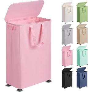 Slim Laundry Hamper with Lid and Wheels, Small Rolling Laundry Basket with Handle for Small Spaces, Tall Dirty Clothes Hampers for Dorm, Bathroom and Bedroom, 75L, Pink