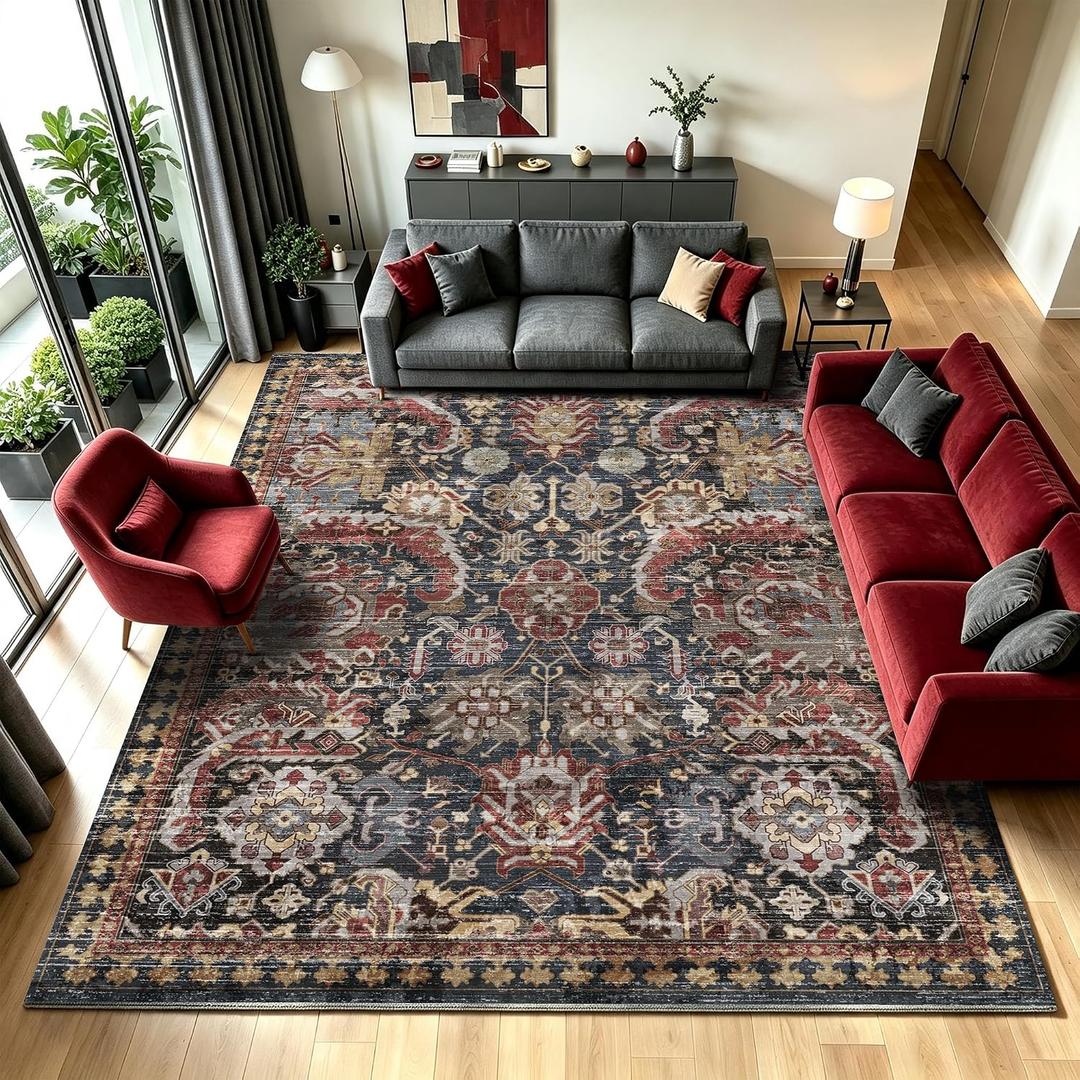 Washable Area Rugs - Perfect for Living Room, Bedroom, Kids Room, Nursery - Stain & Water Resistant Non-Slip, Pet & Child Friendly, Vintage Tribal Area Rugs (Rust, 9' x 12')