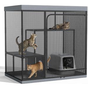 Outdoor Catio Cat Enclosure, Large Cat Cage with 3 Tiers Perches, Indoor Outdoor Cat Patio Cats Playpen for Multiple Cats, Black