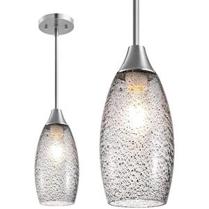 EDISHINE Pendant Light Fixture, Handcrafted Art Glass Hanging Light, Hardwired Ceiling Light with Grey Seed Glass Shade, Adjustable Brushed Nickel Rods, E26 Base, Pendant Lamp for Kitchen Bathroom Bar