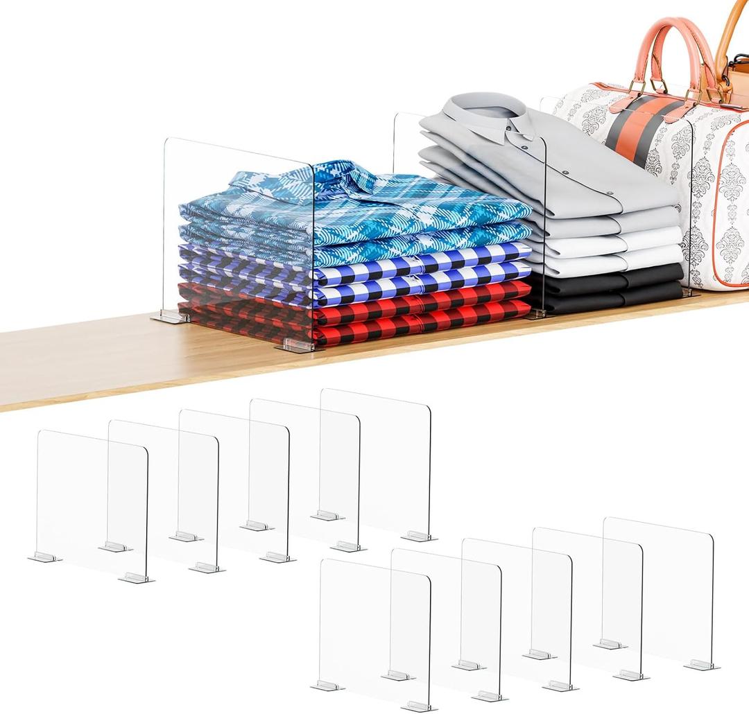 Yieach 10 Pack Acrylic Shelf Dividers for Closet Organization - Suitable for All Cupboard,Wood Shelves -Clear Closet Dividers for T Shirt,Towel,Bag,Purse Dividers,Handbag Organizer,Sweater Organizer