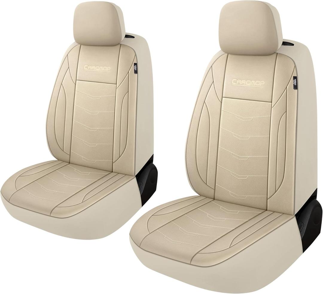 CAROMOP Premium PU Leather Car Seat Covers 2 Front Set,Waterproof Stain-Resistant Seat Covers for Cars, Universal Car Interior Covers Seat Protectors for Sedans SUVs Pick-up Trucks(Beige)