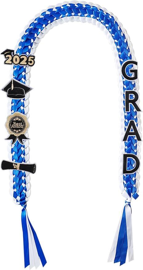 Graduation Leis 2025 Money Ribbon Leis for Graduation 48inch Braided Graduation Necklace for High School,College Graduation Party Gifts,Blue and White