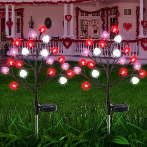 2 Pack Valentine's Day Solar Outdoor Lights, Valentines Day Decor Red Pink White Heart Solar Valentine Lights, Valentines Day Solar Decorations Outdoor Garden Lawn Yard Decorations