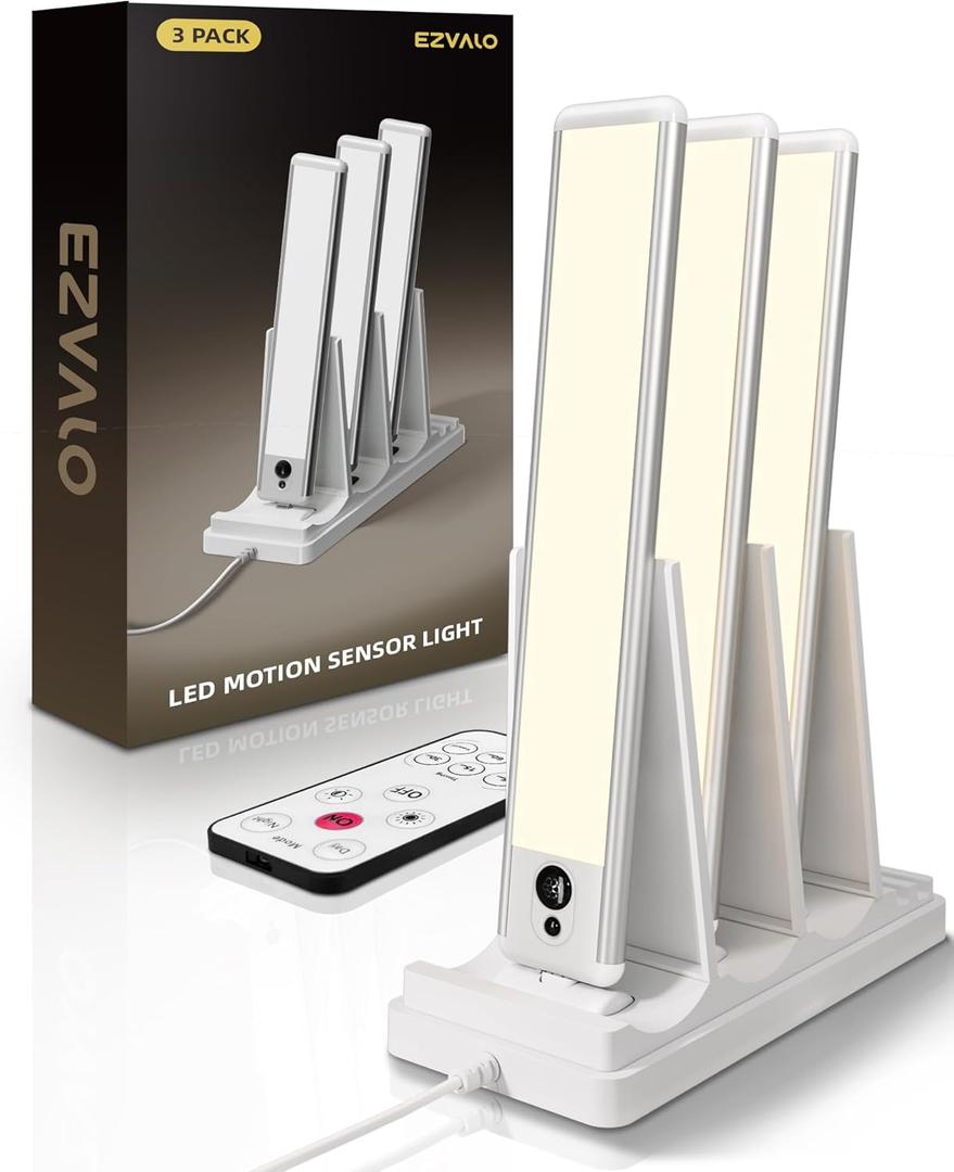 EZVALO Under Cabinet Lighting with Charging Station, Rechargeable Motion Sensor Light Indoor, Dimmable Closet Lights Wireless, 3500K, Motion Activated Under Counter Lights for Kitchen,Pantry(3 Pcs) (Warm White)