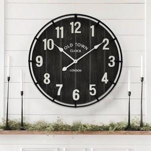 Large Old Town Farmhouse Black Wall Clock 24 Inch Rustic Antique Wood with Metal Circle and Large Numerals Silent Battery Operated Wall Clock for Office Kitchen Bedroom Living Room