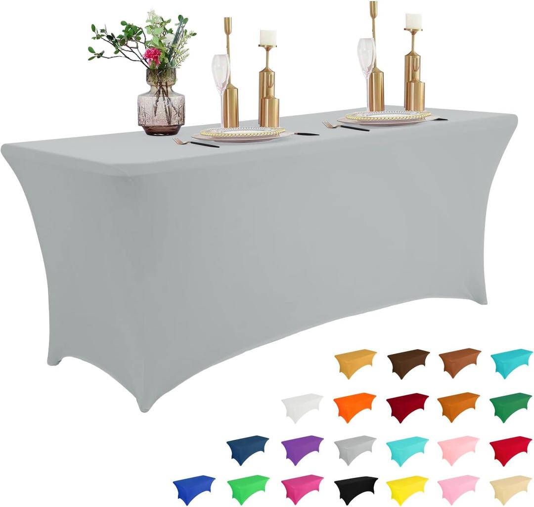 IVAPUPU 6FT Table Cloth for Rectangular Fitted Events Stretch Grey Table Covers Washable Cover Spandex Tablecloth Protector for Party, Wedding, Cocktail, Banquet, Festival