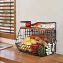 Fruit Bowl Hanging Fruit Basket for Kitchen Counter,Stackable Wire Baskets for Onion Storage and Potato Storage with Wood Lid,Vegetable Fruit Basket with Banana Hooks (Black+1 Pack)