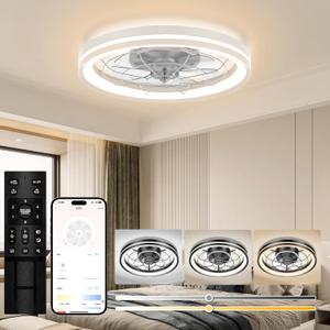 Ceiling Fans with Lights Flush Mount, White Low Profile Modern Ceiling Fan with Remote, Dimmable and Reversible LED Fan Light with 6 Wind Speeds for Bedroom and Living Room, DC Motor