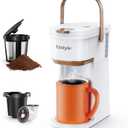 Single Serve One Cup Coffee Maker, for K Cups and Grounds, Mini Coffee Maker with Portable Handle, 6 to 12 Oz Brew Size, for Travel, Camping, Office, RV and Dorm, 120V, White and Brown