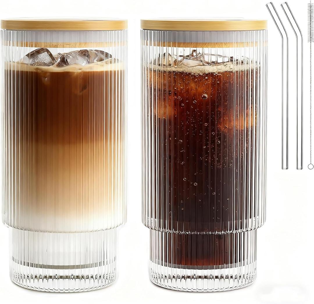 16OZ Ribbed Glass Cups with Lids and Straws,Iced Coffee Cups with Bamboo Lid,Vintage Glassware for Whiskey Cocktail Beer Fruit Juice Glasses Tumbler(2 Pack)