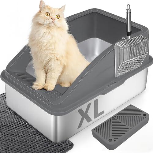 Cat Litter Box Stainless Steel Enclosure, Comfortable Space for Large Cats and Kittens, Easy to Clean Smooth Surface, Durable Metal Build with Cover, Litter Pad, Footboard and Shovel (Dark Gray)