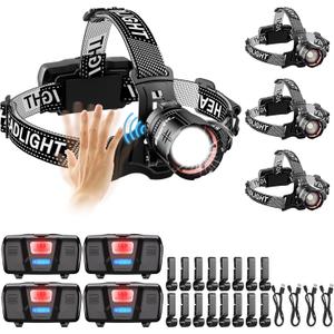 High Lumens LED Headlamp& 100H Using Time, USB Rechargeable Head lamp, 90 Adjustable Widebeam Motion Sensor Head Light with 5 Modes,Zoomable for Camping Running Hiking,Hard Hat Headlamps 4pc