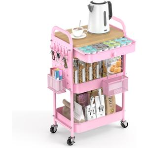 ALVOROG Rolling Cart with Drawer and Wood Table Top, 3 Tier Metal Rolling Utility Cart on Wheels with DIY Pegboards, Hanging Baskets,Hooks for Kitchen, Bedroom, Office, Craft Supplies (Cherry Blossom Pink)