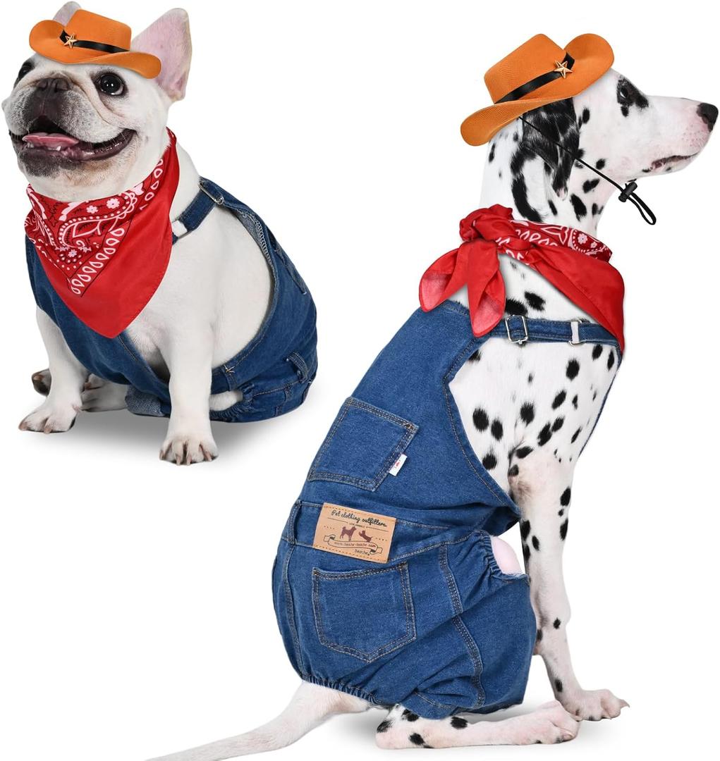 Dog Overalls with Cowboy Hat & Bandana Scarf - Overalls for Dogs Denim Puppy Costume, Adjustable Dog Jeans Outfit for Small Dogs and Cats - Cowboy Costume XXL Around 25 lb Dogs