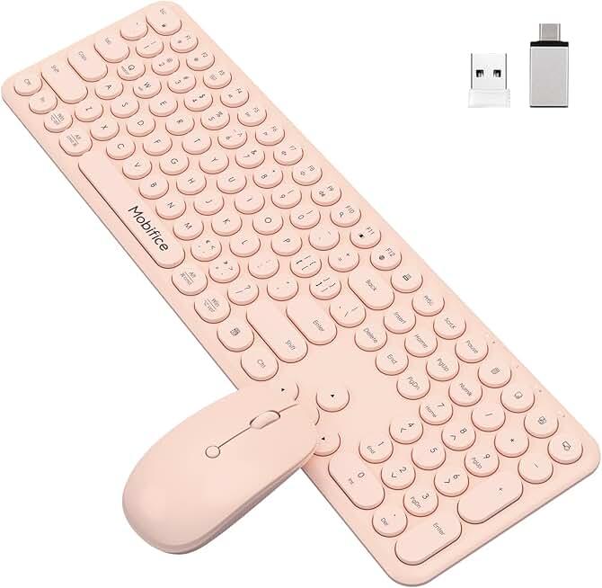 Cute Wireless Keyboard and Mouse Combo,2.4Gstable connection Cordless Full Size Pink Quiet Keyboard Mouse Set Retro Round keycap Computer Keyboard with numeric keypad Compatible for Mac,Windows,Laptop