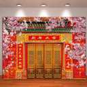 Chinese Spring Festival Photography Backdrop New Year Red Lantern Pink Plum Blossoms Trees Photo Background 7x5ft for Family Party Portrait Studio Props