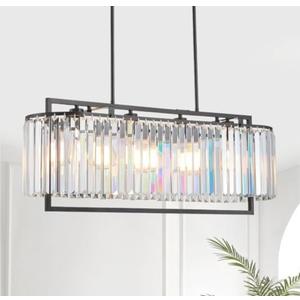 Majhoiw Rectangle Black Crystal Chandeliers for Dining Room, Modern 4-Light Kitchen Island Light Fixture Over Table, 33" Linear Hanging Pendant Lighting for Pool Table Entryway Foyer Hallway