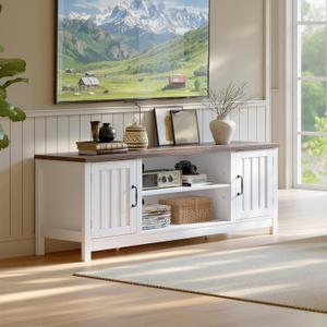 ChooChoo 54" Farmhouse TV Stand for TVs up to 65 inches, Entertainment Center with Storage Cabinets, Open Shelves and Fluted Door, TV Console Table for Living Room, Bedroom, White, 15.35"D x 53.94"W x 19.69"H