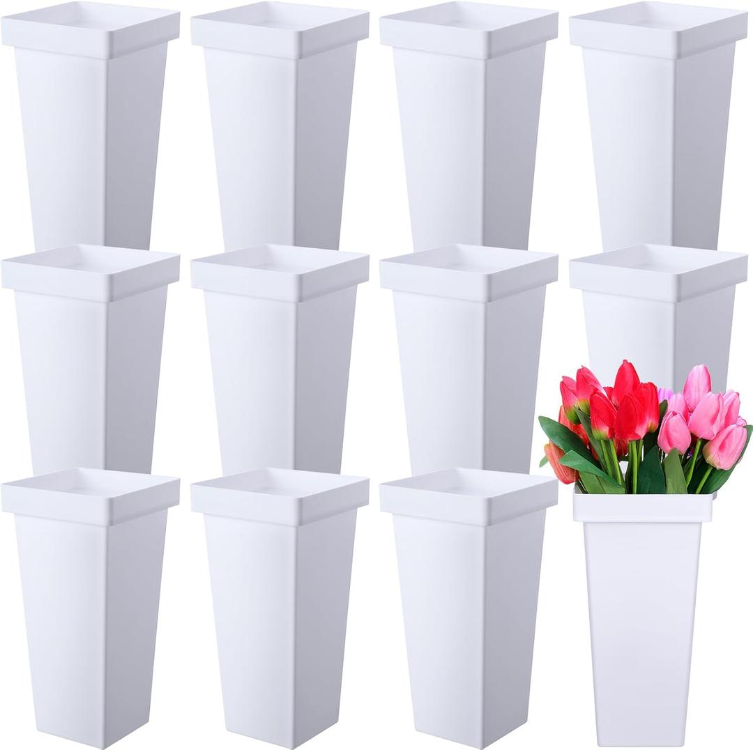 12 Pcs Flower Buckets 13.4 Inch Plastic Floral Bucket for Cut Flowers Modern Square Vases for Centerpieces Display Decorative Plastic Vases for Table Home Wedding Decorations (White)
