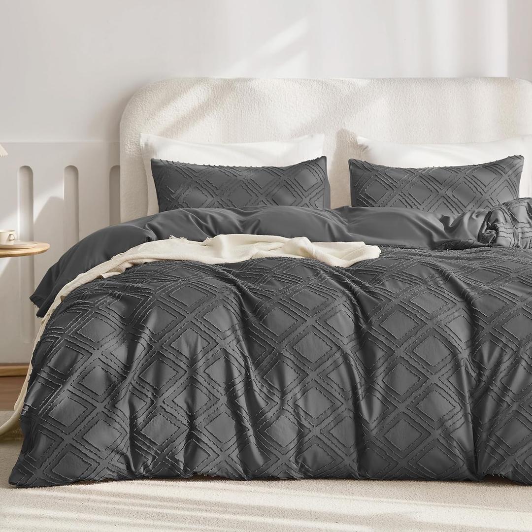 JELLYMONI Duvet Cover King Size Dark Grey - 3PCS Boho Duvet Cover Set Plaid Polyester Tufted Bohemian Jacquard Knit Textured Comforter Cover 10490in Rhombic Geometric Pattern Zipper Corner Tie