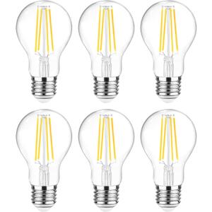 Ascher 60 Watt Equivalent, E26 LED Filament Light Bulbs, Daylight White 4000K, Non-Dimmable, Classic Clear Glass, A19 LED Light Bulb with 80 CRI, Pack of 6