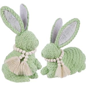 DR.DUDU 2 Pack Easter Bunny Decorations for Home - Rustic Woven Bunnies Easter Decor, Boho Spring Decor for Mantle, Shelf & Table Centerpiece (Green)