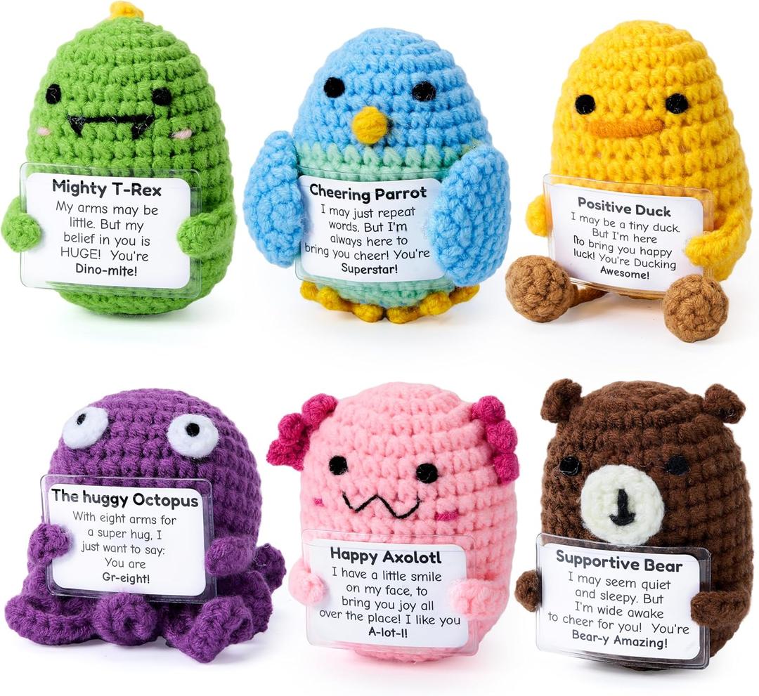 JOYIN 6 Pcs Crochet Positive Animals with Positive Messages, Emotional Support Stuffed Animal Bulk, Cute Crochet Plushies for Graduation Gift, Employee Appreciation, Anxiety Relief & Mental Health, Mini