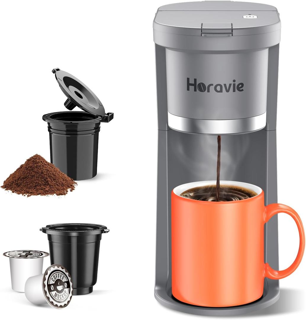 Horavie Small Single Serve Coffee Maker, Fast Brew One Cup Coffee Machine for K Cup and Grounds, 6 to 12 oz. Brew Sizes, Capsule Coffee Machine with Descaling Reminder and Viewing Tank, Grey