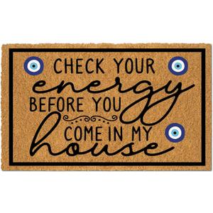 Faux Coir Funny Outdoor Mats for Home Entrance Large Front Door Mat, Check Your Energy Before You Come in My House Holiday Floor Doormats Inside for Home 30" X 18" Welcome Mat Indoor Non Slip