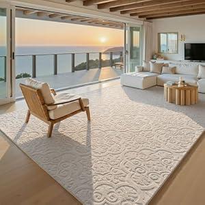 U'Artlines 9x12ft Washable Area Rug for Living Room, Neutral Beige Modern High-Low Pile Rug for Bedroom, Non Slip Soft Cozy Fluffy Large Floor Carpet for Dining Area, Kids Nursery Room