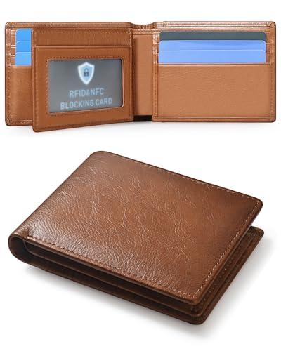 MARZAHAR Genuine Leather Mens Wallet, RFID Blocking Bifold Wallet for Men with ID Window, 11 Credit Card Slots (Brown)