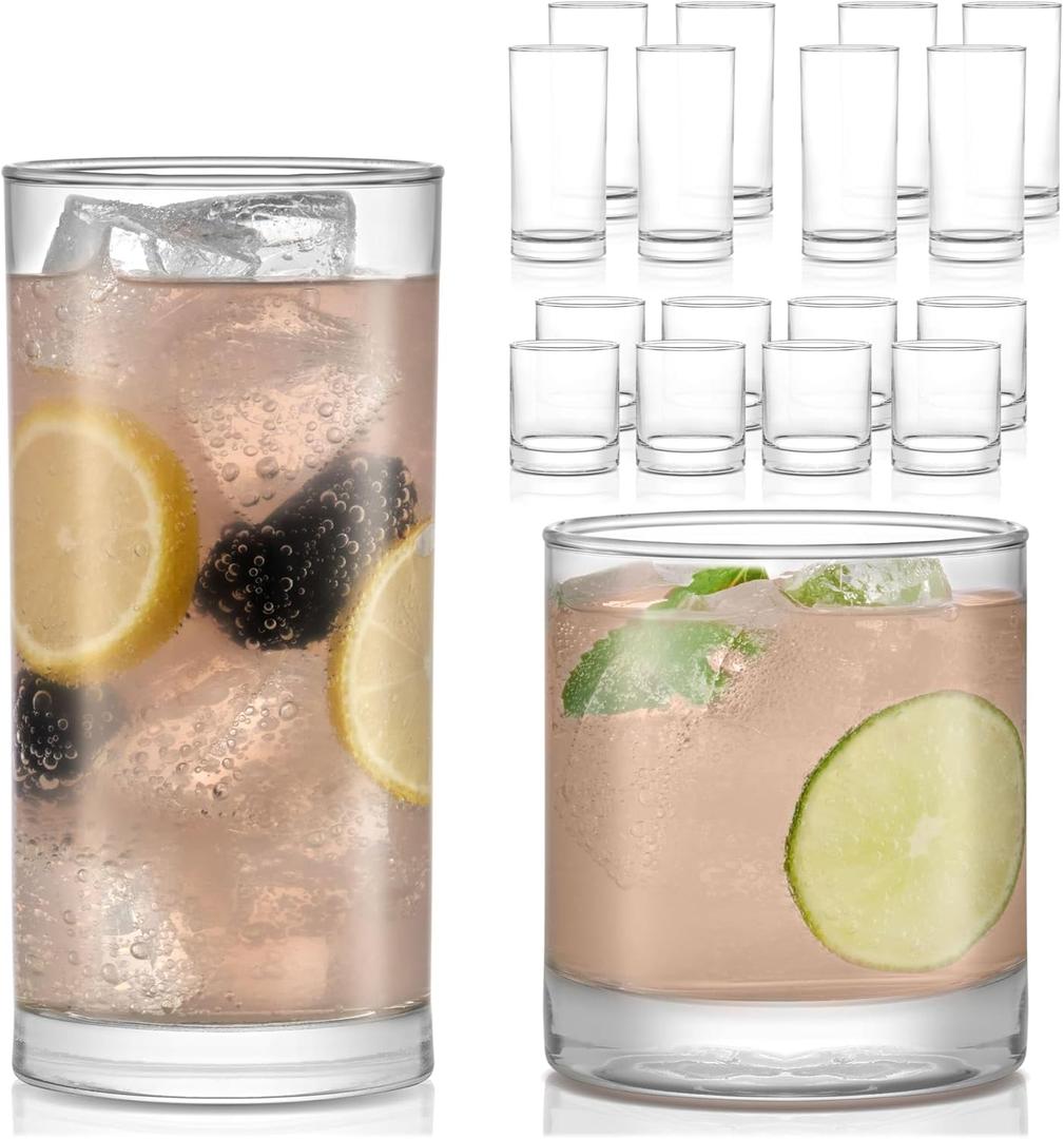 Libbey Province Tumbler and Rocks Glass Set, Elegant Drinkware Glasses Set, Dishwasher Safe Drinking Glasses, Set of 16