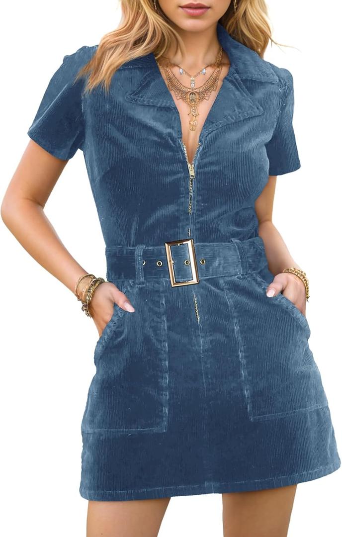 Women's Corduroy Mini Dress Short Sleeve Lapel Zip Up Belted Cowgirl Dresses with Pockets (Large, Blue)