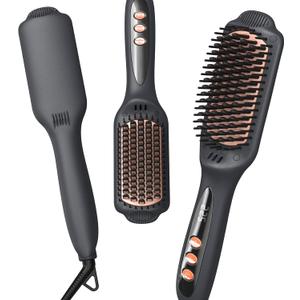 LANDOT Hair Straightener Brush for Thick Curly Hair - Ionic Ceramic Straightening Brush with Dense Bristles & 12 Temp Settings, Dual Voltage, Fast Heating for Frizz-Free Smooth Hair, Black